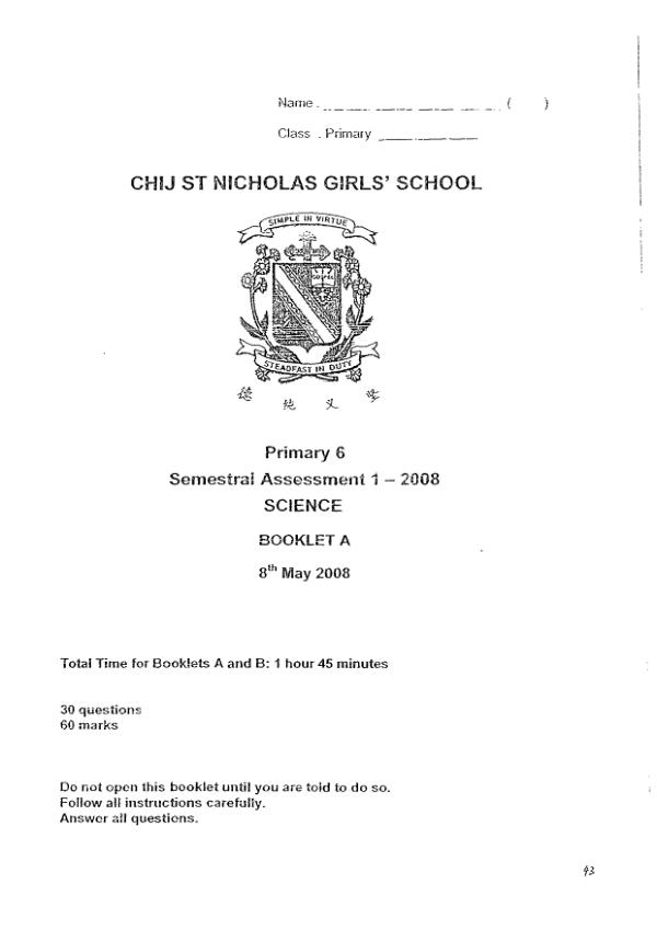 CHIJ P6 Sci WA2 2008 exam paper PDF preview
