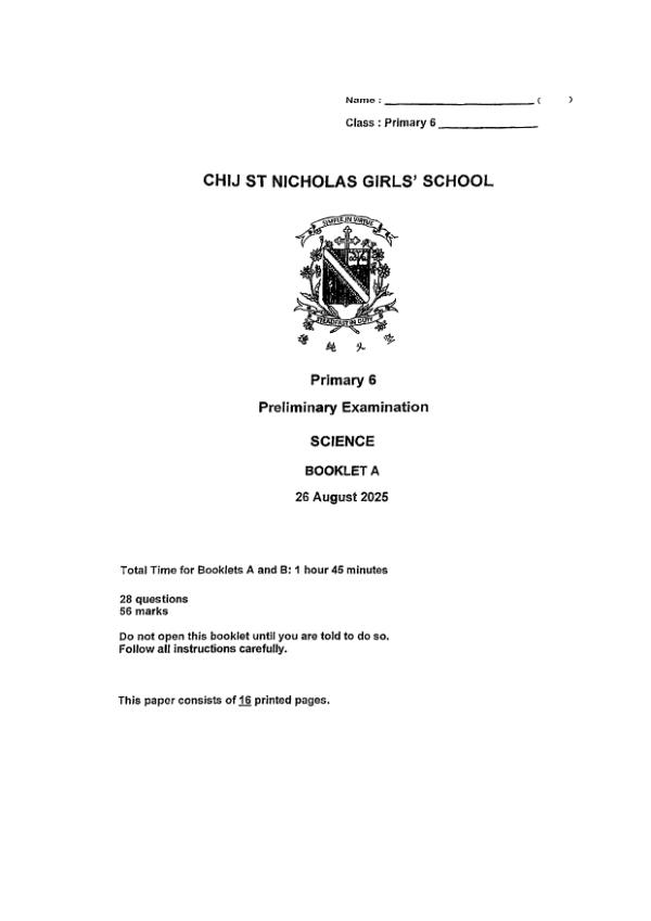 CHIJ P6 Sci SA2 2025 exam paper PDF preview