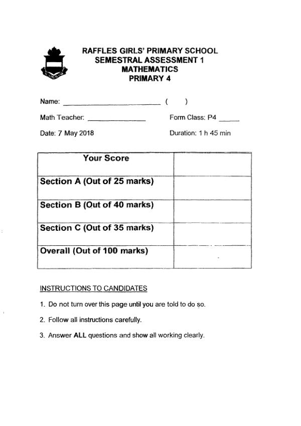 First page preview of P4 Math 2018 WA2 — Raffles Girls