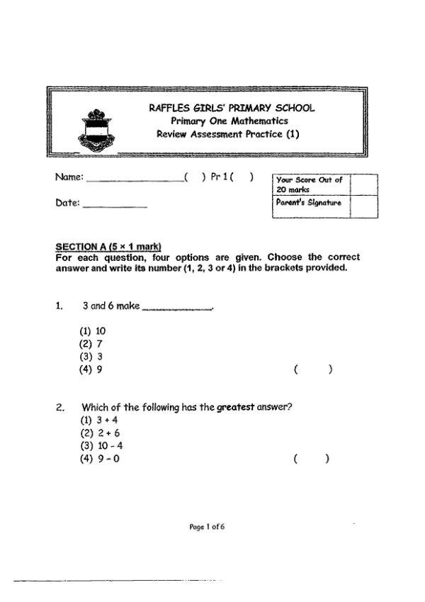 Raffles Girls P1 Math WA2 2013 exam paper PDF preview