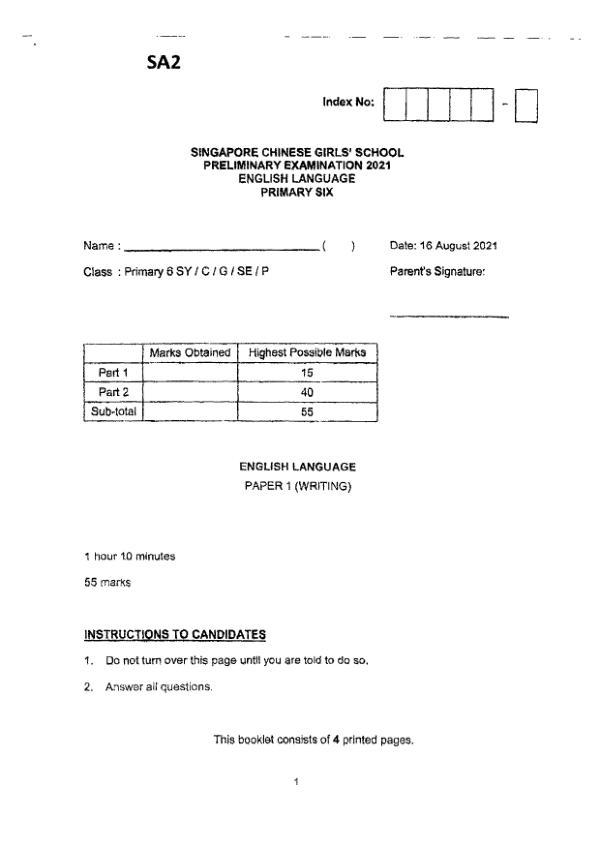 Singapore Chinese Girls P6 Eng SA2 2021 exam paper PDF first page preview