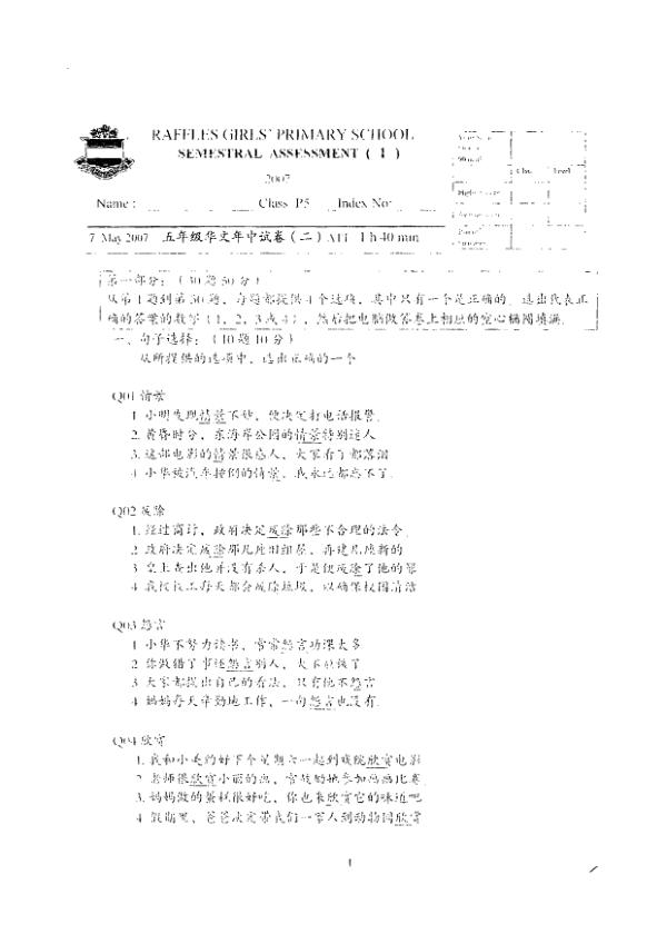 Raffles Girls P5 Chi WA2 2007 exam paper PDF preview