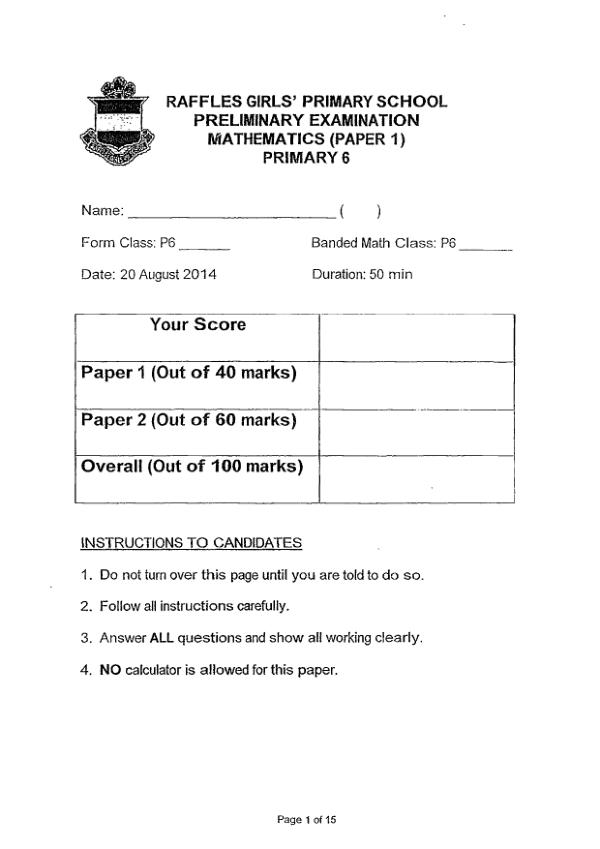 Raffles Girls P6 Math SA2 2014 exam paper PDF preview