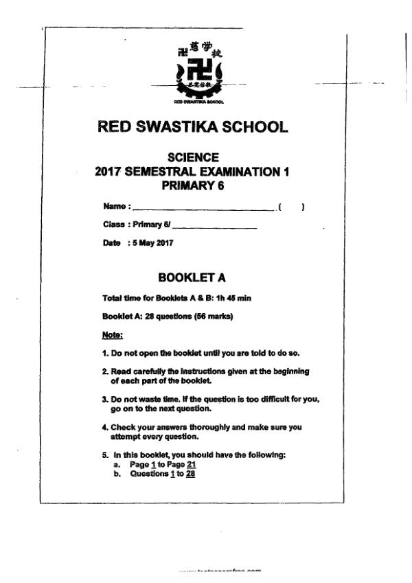 Red Swastika P6 Sci WA2 2017 exam paper PDF first page preview
