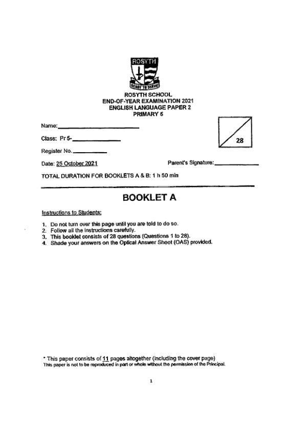 Rosyth P5 Eng SA2 2021 exam paper PDF preview