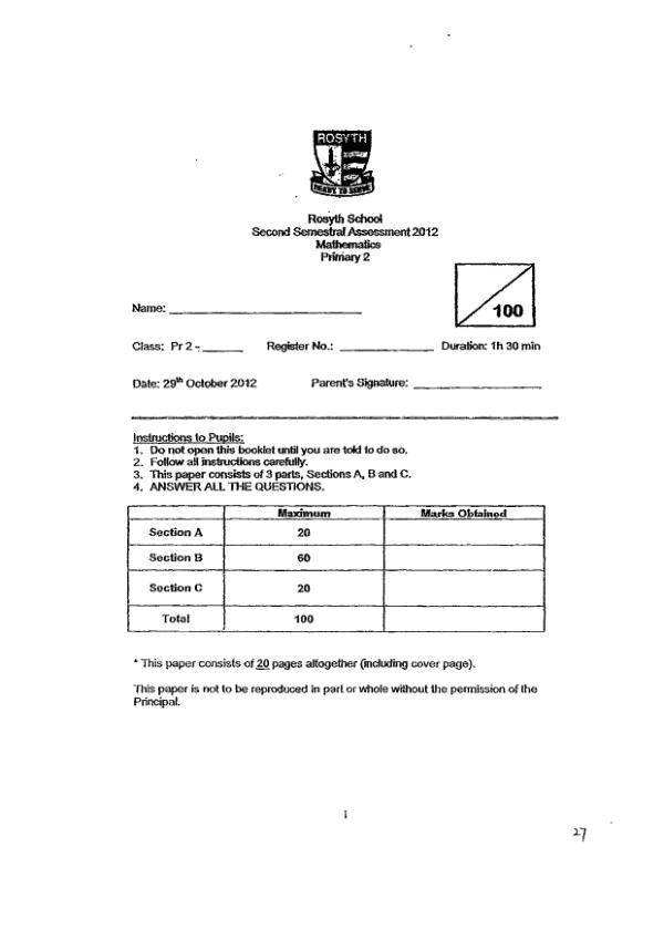 Rosyth P2 Math SA2 2012 exam paper PDF preview