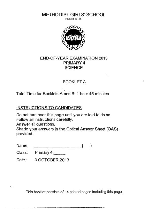 Methodist Girls P4 Sci SA2 2013 exam paper PDF first page preview