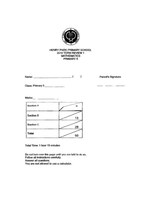 First page preview of P5 Math 2019 WA1 — Henry Park
