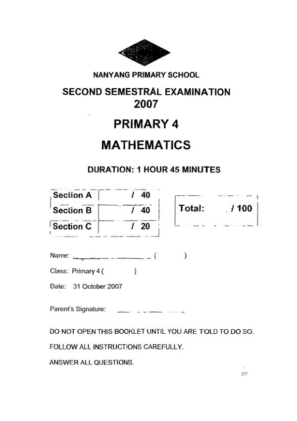 Nanyang P4 Math SA2 2007 exam paper PDF first page preview