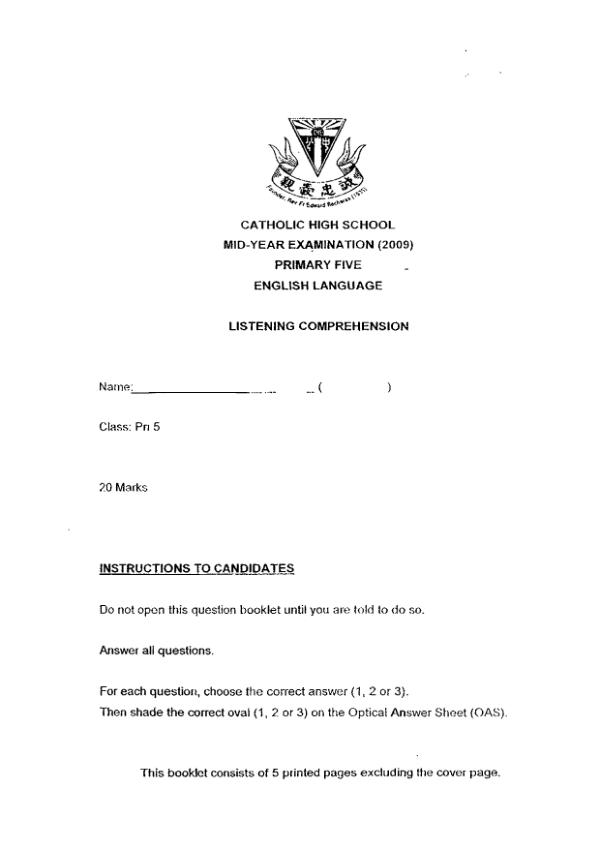 Catholic High P5 Eng WA2 2009 exam paper PDF first page preview
