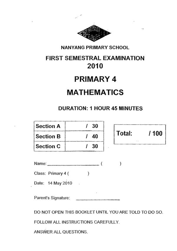 Nanyang P4 Math WA2 2010 exam paper PDF first page preview