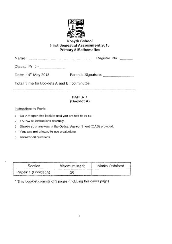 Rosyth P5 Math WA2 2013 exam paper PDF first page preview