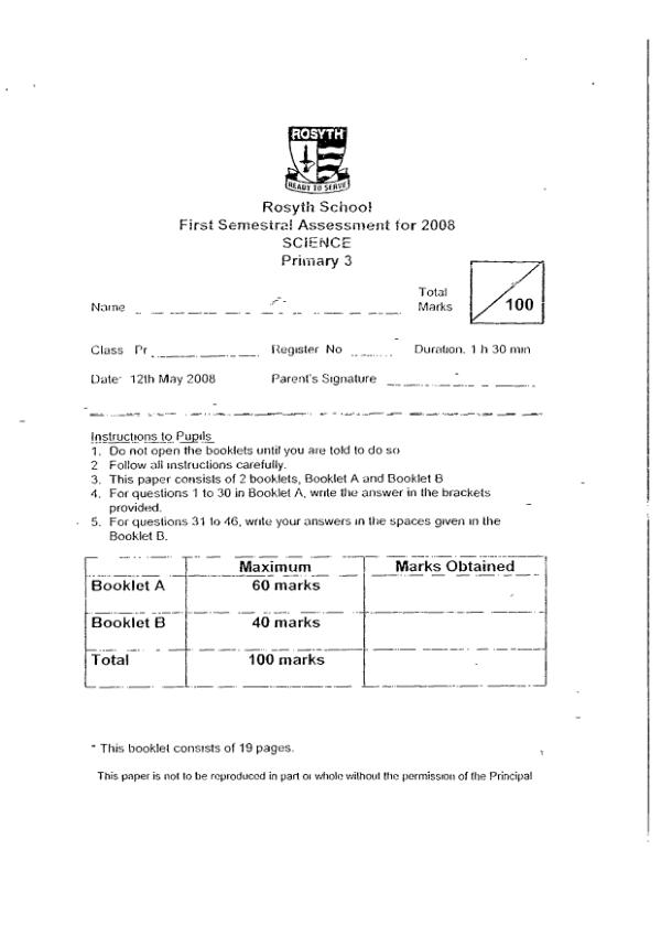 Rosyth P3 Sci WA2 2008 exam paper PDF preview