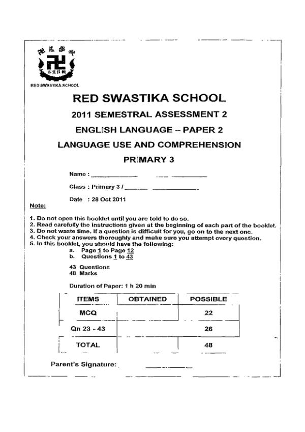 Red Swastika P3 Eng SA2 2011 exam paper PDF first page preview