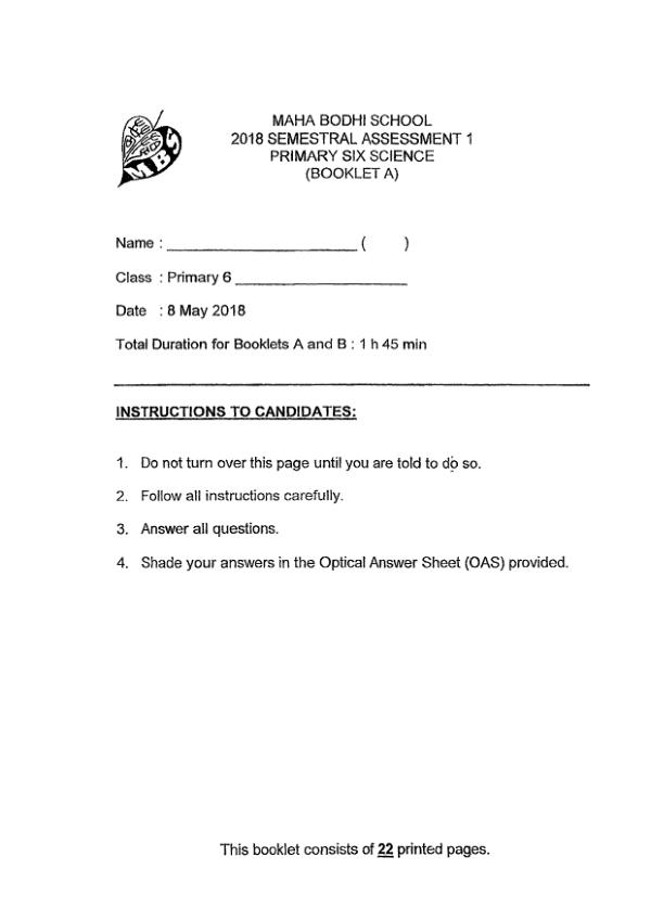 Maha Bodhi P6 Sci WA2 2018 exam paper PDF first page preview