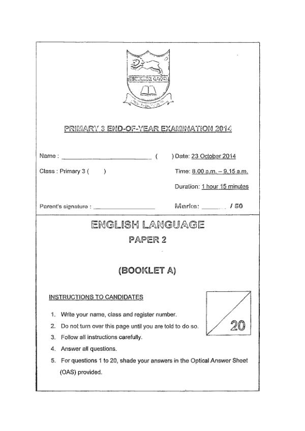 Tao Nan P3 Eng SA2 2014 exam paper PDF first page preview