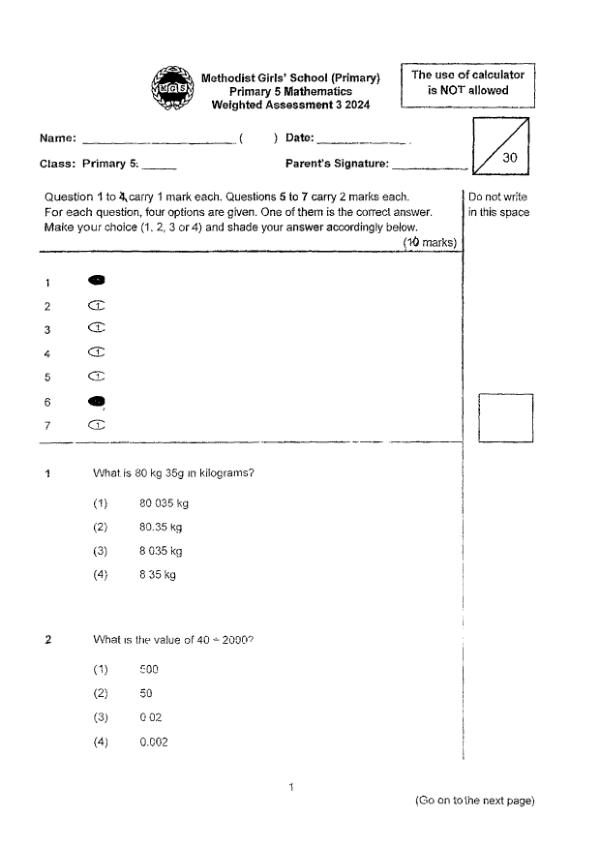 First page preview of P5 Math 2024 WA3 — Methodist Girls