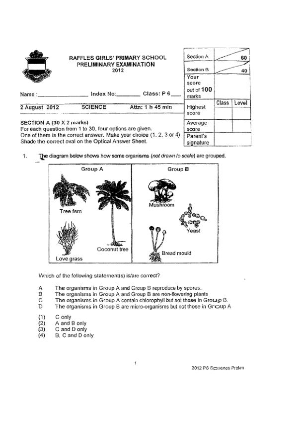 Raffles Girls P6 Sci SA2 2012 exam paper PDF preview