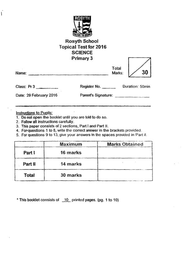 Rosyth P3 Sci WA1 2016 exam paper PDF preview