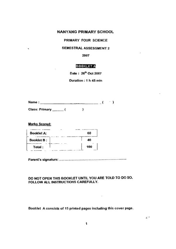 Nanyang P4 Sci SA2 2007 exam paper PDF preview