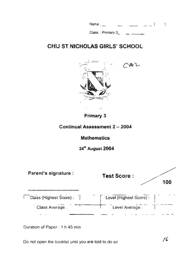 CHIJ P3 Math WA3 2004 exam paper PDF first page preview