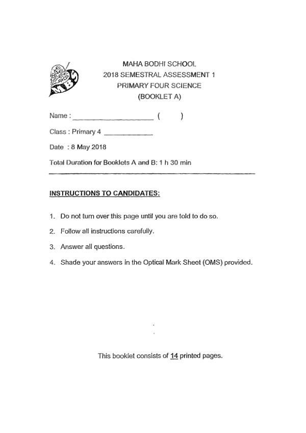 Maha Bodhi P4 Sci WA2 2018 exam paper PDF first page preview