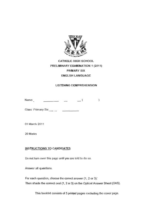Catholic High P6 Eng WA2 2011 exam paper PDF preview