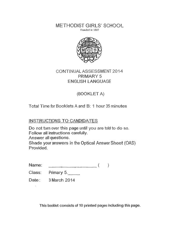 Methodist Girls P5 Eng WA1 2014 exam paper PDF preview