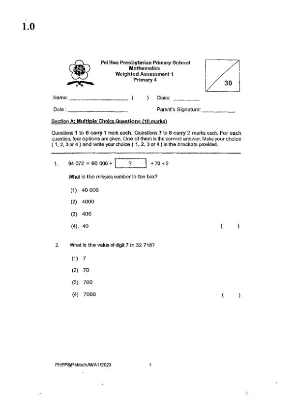 First page preview of P4 Math 2023 WA2 — Pei Hwa