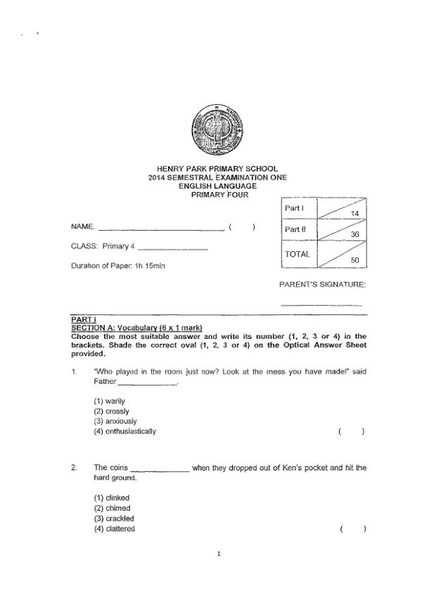 Henry Park P4 Eng WA2 2014 exam paper PDF first page preview