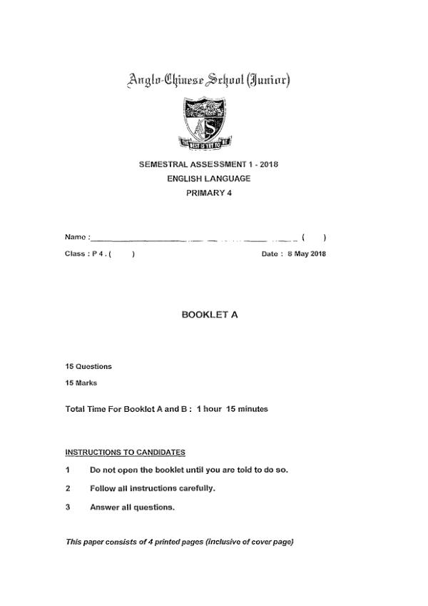 Anglo Chinese P4 Eng WA2 2018 exam paper PDF first page preview