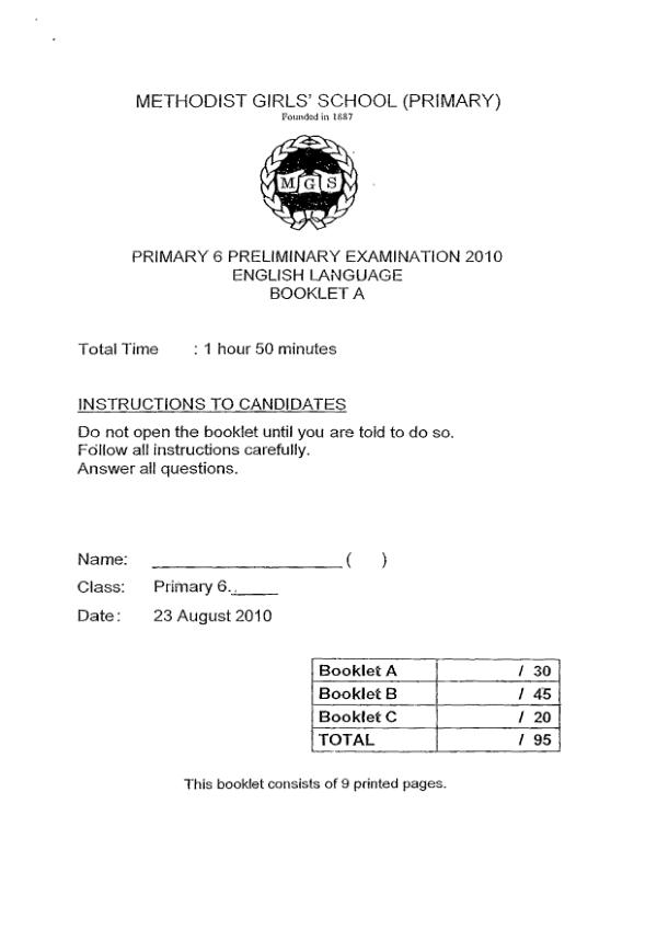 Methodist Girls P6 Eng SA2 2010 exam paper PDF preview