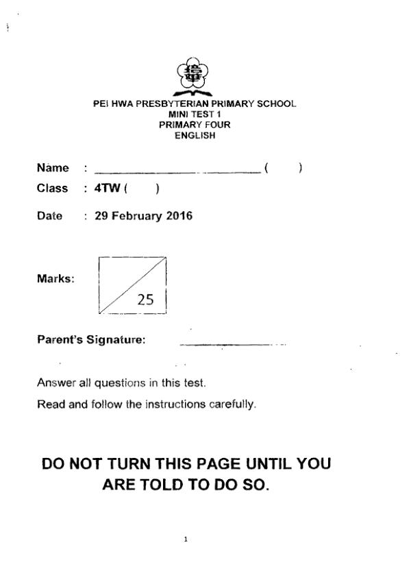 Pei Hwa P4 Eng WA1 2016 exam paper PDF preview