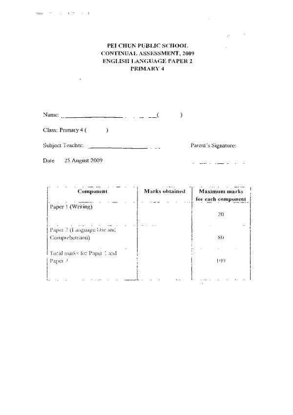 Pei Chun P4 Eng WA3 2009 exam paper PDF first page preview