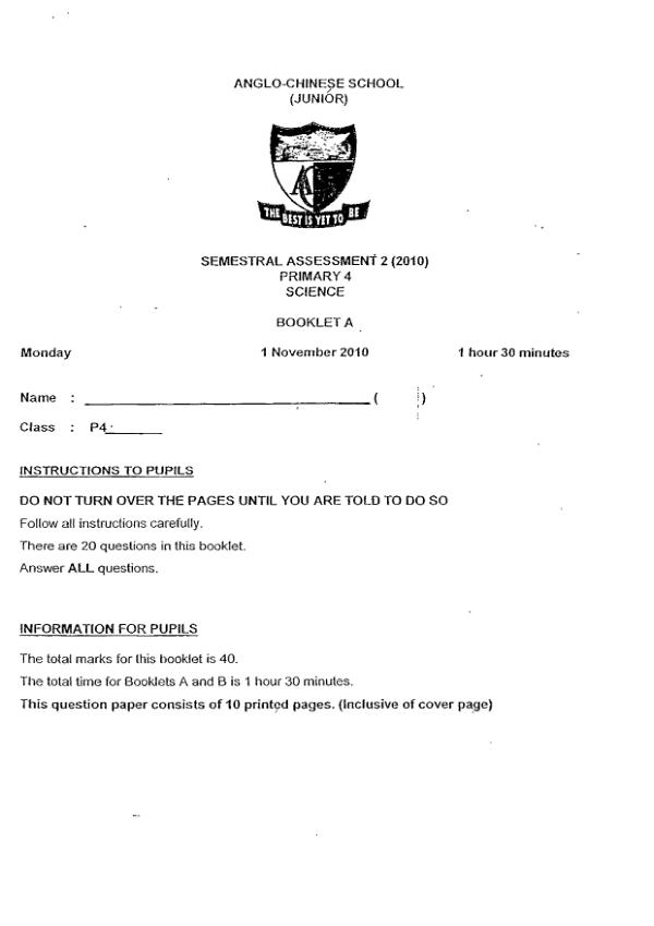 Anglo Chinese P4 Sci SA2 2010 exam paper PDF first page preview