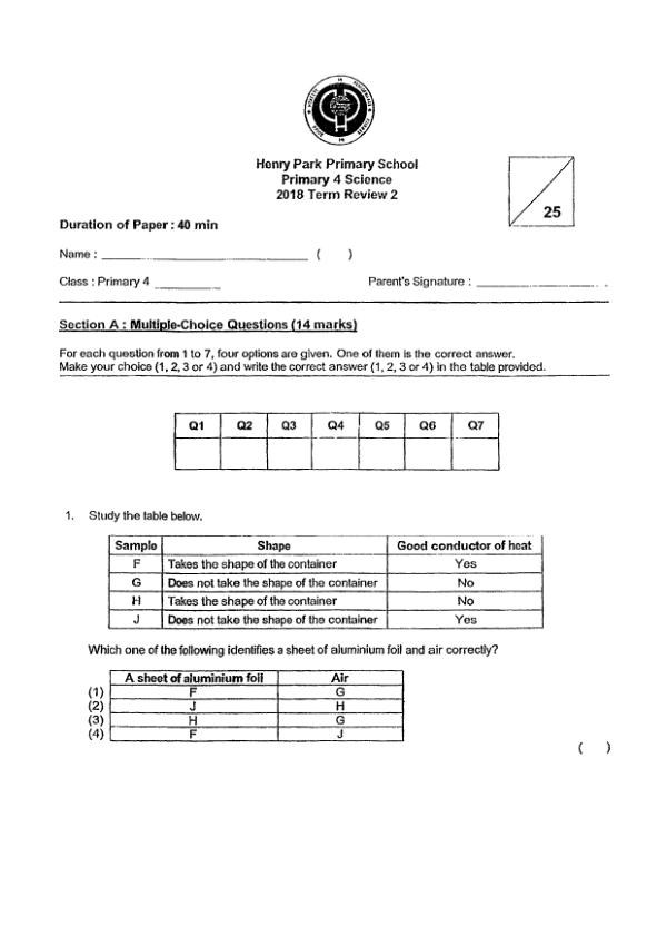 Henry Park P4 Sci WA3 2018 exam paper PDF preview