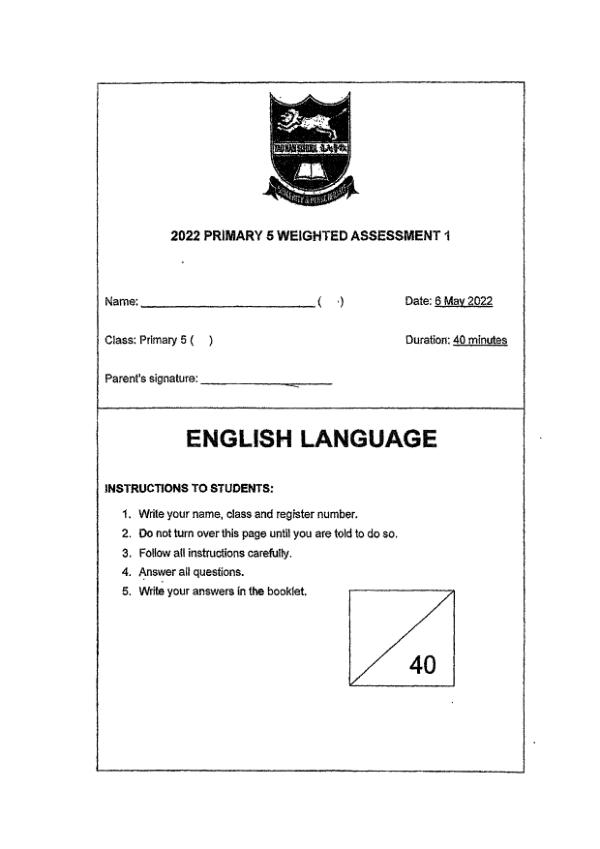 Tao Nan P5 Eng WA1 2022 exam paper PDF first page preview
