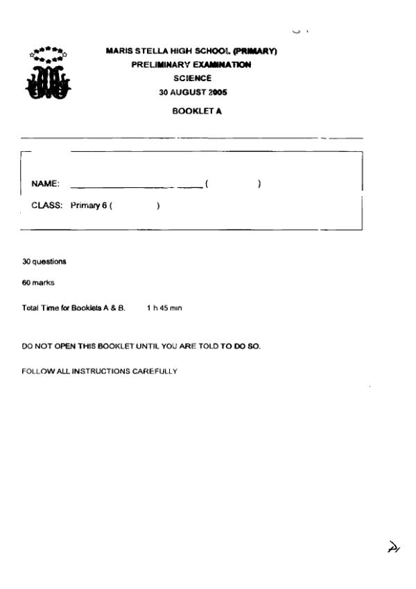Maris Stella High P6 Sci SA2 2005 exam paper PDF first page preview