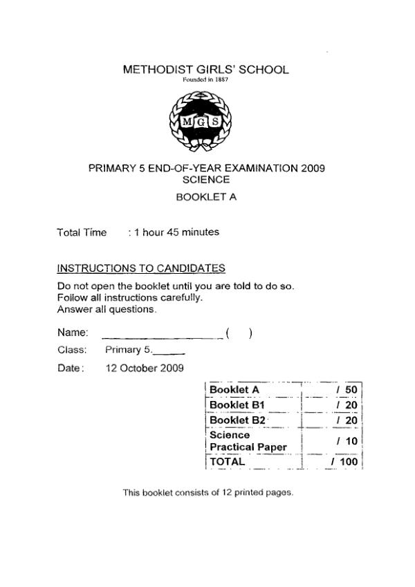 Methodist Girls P5 Sci SA2 2009 exam paper PDF preview