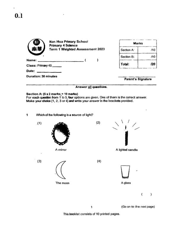 Nan Hua P4 Sci WA2 2023 exam paper PDF first page preview