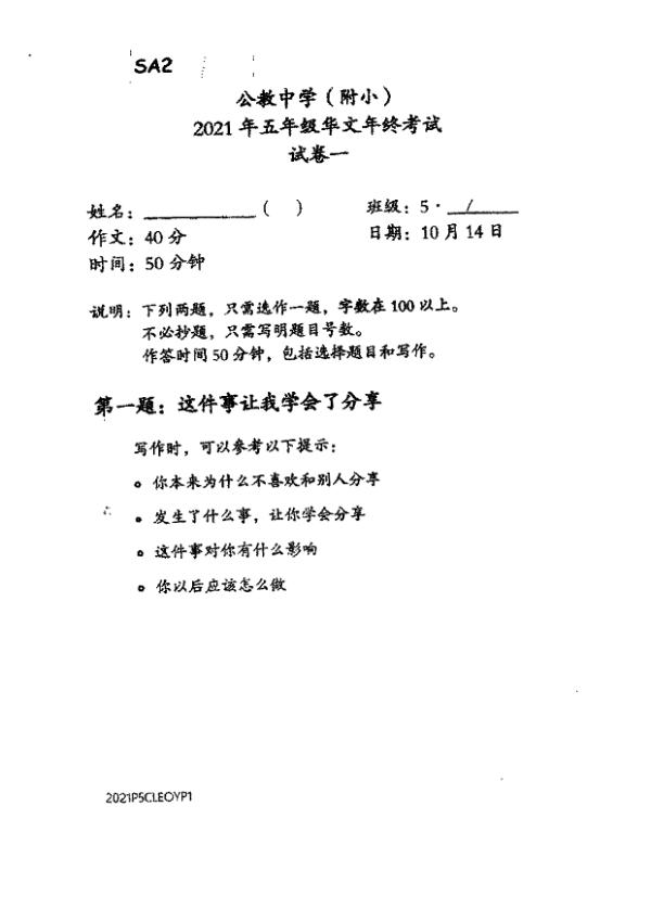Catholic High P5 Chi SA2 2021 exam paper PDF first page preview
