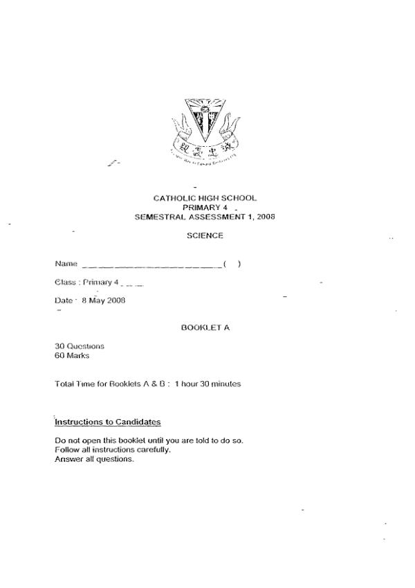 Catholic High P4 Sci WA2 2008 exam paper PDF preview