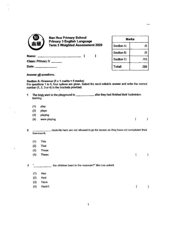 Nan Hua P3 Eng WA3 2021 exam paper PDF preview