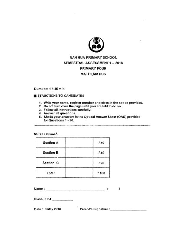 First page preview of P4 Math 2018 WA2 — Nan Hua