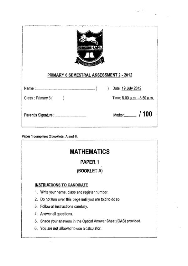 Tao Nan P6 Math SA2 2012 exam paper PDF preview
