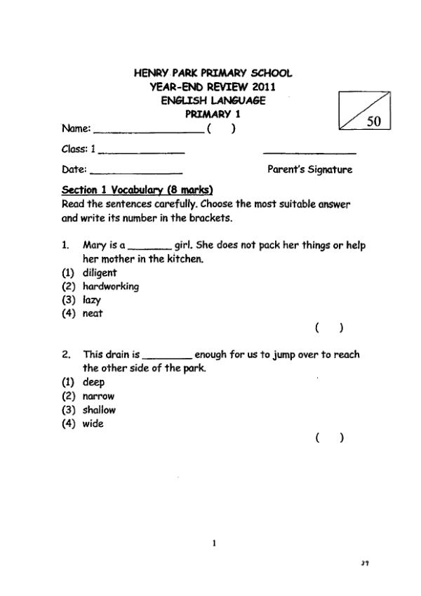 Henry Park P1 Eng SA2 2011 exam paper PDF preview