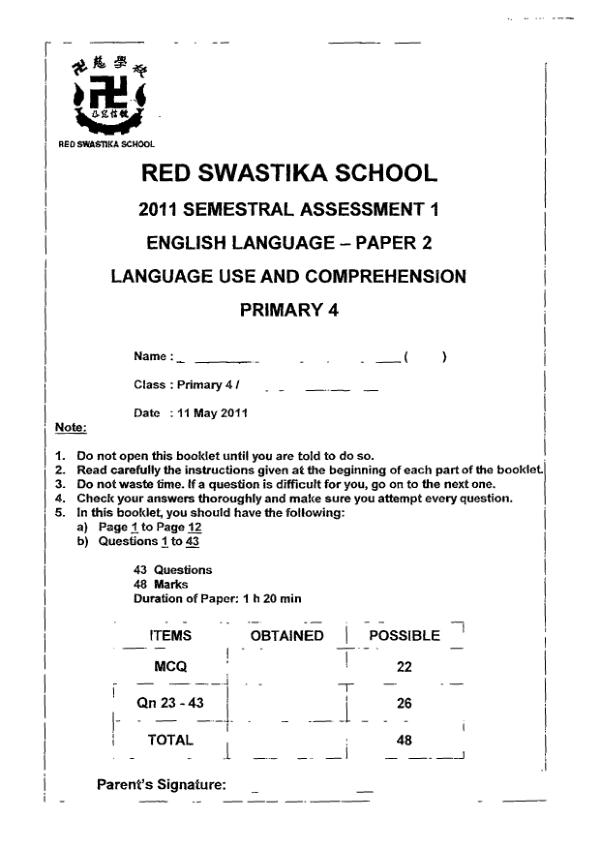Red Swastika P4 Eng WA2 2011 exam paper PDF preview