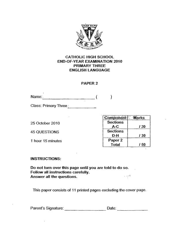 Catholic High P3 Eng SA2 2010 exam paper PDF first page preview