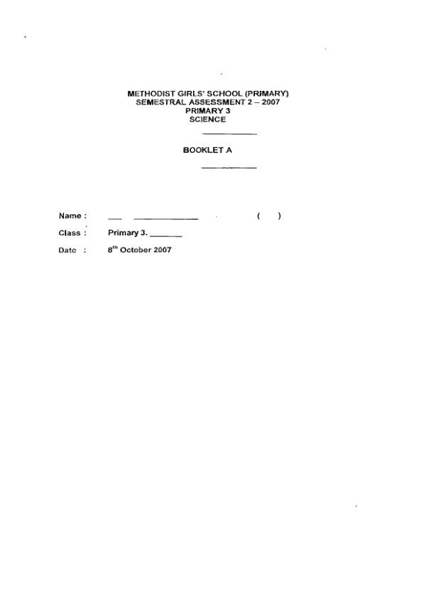Methodist Girls P3 Sci SA2 2007 exam paper PDF preview