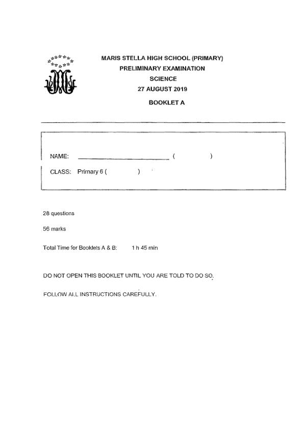 Maris Stella High P6 Sci SA2 2019 exam paper PDF first page preview
